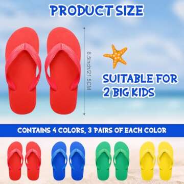 Halfchet Pack of 12 Unisex Kids' Flip Flops Bulk Multi Colors Child Boys Girls Flip Flops for Big Kids Non Slip Kids' Flip Flops for Summer Sport Beach Pool Party and Water Games (2 Big Kid)