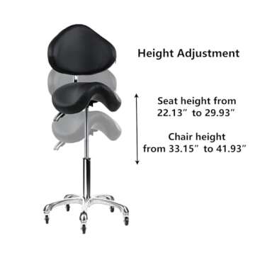 Cadiario Saddle Stool Rolling Chair with Back Support Swivel Adjustable Height Ergonomic Thick Seat Cushion with Wheels for Nail Lash Tech Esthetician Tattoo Artist Salon Hair Cutting Stylist Black