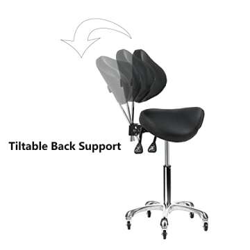 Cadiario Saddle Stool Rolling Chair with Back Support Swivel Adjustable Height Ergonomic Thick Seat Cushion with Wheels for Nail Lash Tech Esthetician Tattoo Artist Salon Hair Cutting Stylist Black