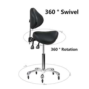 Cadiario Saddle Stool Rolling Chair with Back Support Swivel Adjustable Height Ergonomic Thick Seat Cushion with Wheels for Nail Lash Tech Esthetician Tattoo Artist Salon Hair Cutting Stylist Black