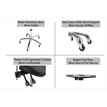 Cadiario Saddle Stool Rolling Chair with Back Support Swivel Adjustable Height Ergonomic Thick Seat Cushion with Wheels for Nail Lash Tech Esthetician Tattoo Artist Salon Hair Cutting Stylist Black