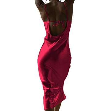 xxxiticat Women's Sleeveless Spaghetti Strap Satin Dress Cocktail Beach Evening Party Cowl Neck Back Tie Up Maxi Dresses(WR,M) Wine Red