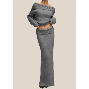 Unybwonn Women 2 Piece Ribbed Off Shoulder Sweater Set