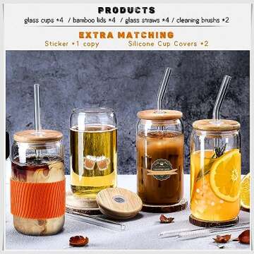 Porkus Glass Cups with Lids and Straws 4 pcs,Glass Iced Coffee Cups with Lids 16 oz-Drinking Glasses,Cute Cups Glass Coffee Cups with Silicone Sleeve/Stickers