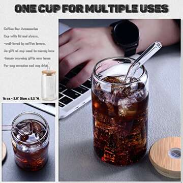 Porkus Glass Cups with Lids and Straws 4 pcs,Glass Iced Coffee Cups with Lids 16 oz-Drinking Glasses,Cute Cups Glass Coffee Cups with Silicone Sleeve/Stickers