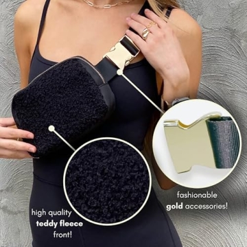 Boutique Fleece Belt Bag | Sherpa Crossbody Bag Fanny Pack for Women Fashionable | Everywhere Waist Pack | Small Fashion Travel Chest Bag (Extended Strap Length, Black Fleece)