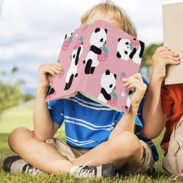 FOR U DESIGNS Stretchable Book Cover Jumbo Fabric Book Covers Cute Panda Strawberry Book Protector Washable Reusable Protective Textbook Cover for Hardcover Textbooks up to 9 x 11 Inch