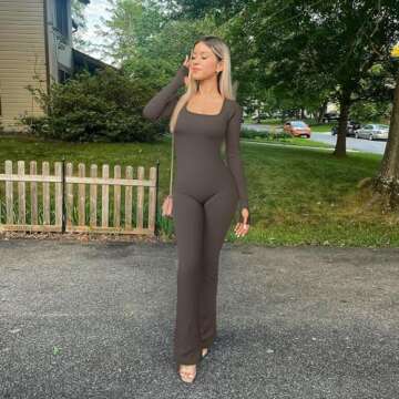 OQQ Women Yoga Jumpsuits Ribbed Long Sleeve Tops Bell Bottoms Flare Jumpsuits