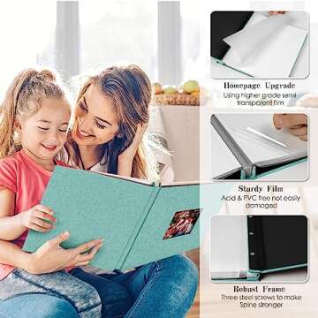 Spbapr Large Photo Album Self Adhesive 3x5 4x6 5x7 8x10 Pictures Magnetic Scrapbook 40 Blank Pages Linen Cover DIY Album with A Metal Pen Turquoise