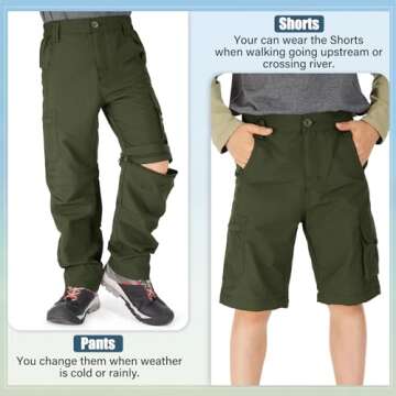 linlon Kids' Cargo Pants, Boy's Casual Outdoor Quick Dry Waterproof Hiking Climbing Convertible Trousers #9016-Army Green-L