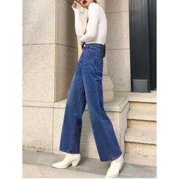 Women Loose Boyfriends Jeans High Waist Baggy Denim Pants Wide Leg Straight Trousers Vintage Streetwear A-Blue
