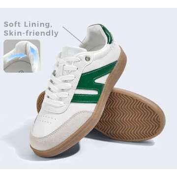 LUCKY STEP Women Classic Retro Gum Sole Fashion Sneakers Casual Tennis Skate Shoe Genuine Leather Walking Footwear Anti Slip Trainers(White/Green,9)
