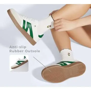 LUCKY STEP Women Classic Retro Gum Sole Fashion Sneakers Casual Tennis Skate Shoe Genuine Leather Walking Footwear Anti Slip Trainers(White/Green,9)