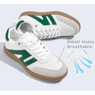 LUCKY STEP Women Classic Retro Gum Sole Fashion Sneakers Casual Tennis Skate Shoe Genuine Leather Walking Footwear Anti Slip Trainers(White/Green,9)