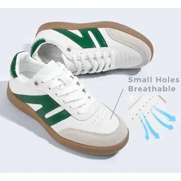 LUCKY STEP Women Classic Retro Gum Sole Fashion Sneakers Casual Tennis Skate Shoe Genuine Leather Walking Footwear Anti Slip Trainers(White/Green,9)