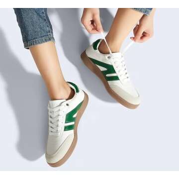 LUCKY STEP Women Classic Retro Gum Sole Fashion Sneakers Casual Tennis Skate Shoe Genuine Leather Walking Footwear Anti Slip Trainers(White/Green,9)