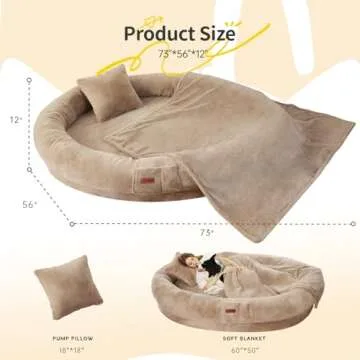 Fvkind Human Dog Bed for Adult, 73"x56"x12" Washable Orthopedic Human Size Dog Bed, Faux Fur Removable Adult Dog Bed for Humans Doze Off, Cozy Large Human Dog Bed Present Blanket and Pillow, Khaki