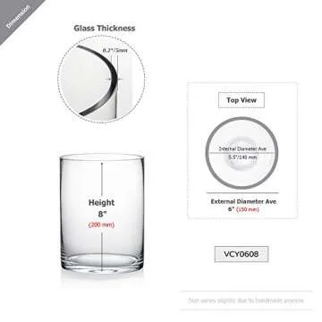 WGV Quality Thick Cylinder Vase, Width 6", Height 8", Clear Glass Container Terrarium Candle Holder ...