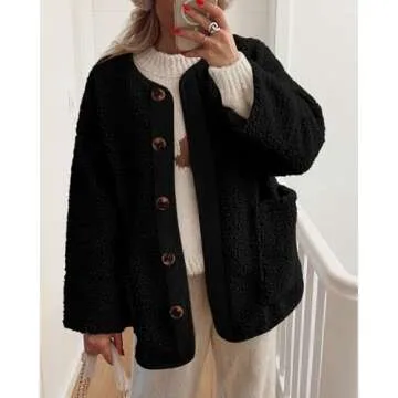 PRETTYGARDEN Women's Warm Winter Coats Casual Long Sleeve Button up Fuzzy Sherpa Fleece Jackets Outerwear (Black,XX-Large)