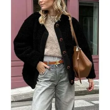 PRETTYGARDEN Women's Warm Winter Coats Casual Long Sleeve Button up Fuzzy Sherpa Fleece Jackets Outerwear (Black,XX-Large)