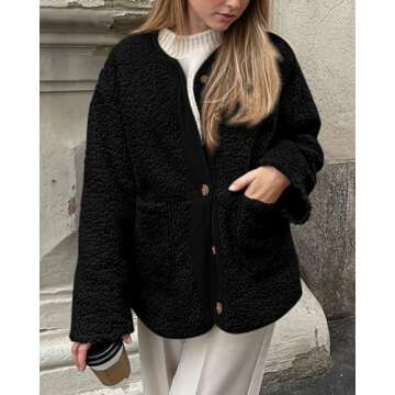 PRETTYGARDEN Women's Warm Winter Coats Casual Long Sleeve Button up Fuzzy Sherpa Fleece Jackets Outerwear (Black,XX-Large)