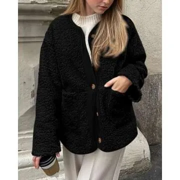 PRETTYGARDEN Women's Warm Winter Coats Casual Long Sleeve Button up Fuzzy Sherpa Fleece Jackets Outerwear (Black,XX-Large)