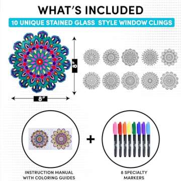 Hula Home Stained Glass Mandala Art Kit - DIY Window Clings with Markers, 10 Suncatchers - Perfect Hobby for Adults, Kids, Teens & Seniors - Ideal Gift for Beginners, Women & Elderly