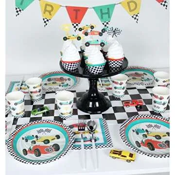 Merrilulu Vintage Race Car Plates, 12 ct | Paper Plates for Race Car Party for Kids | Race Car Tableware | Vehicle, car, race car, theme