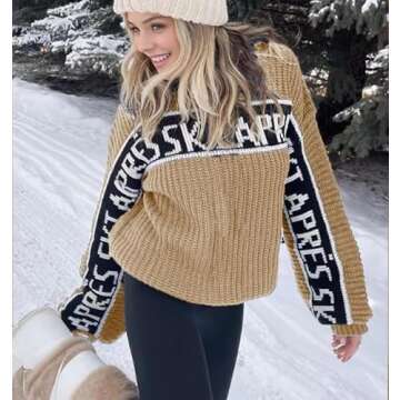 Women Sweaters Walf Checks Chunky Apres Ski Sweaters Stripe Sleeve Colorblock Casual Print Knitted Pullover Tops Khaki