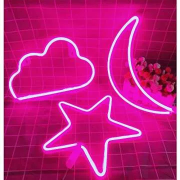 Pink Neon Signs Star Moon and Cloud Night Light Decorative LED Lamp Art Wall Decor for Girls Bedroom Birthday Party Powered by Battery/USB(Pink)