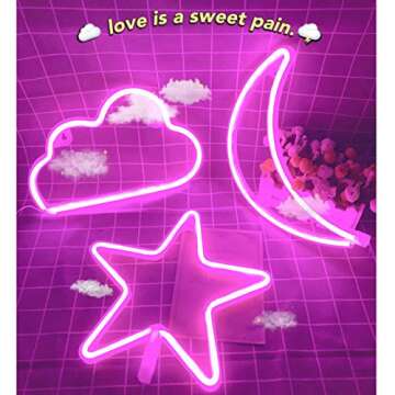 Pink Neon Signs Star Moon and Cloud Night Light Decorative LED Lamp Art Wall Decor for Girls Bedroom Birthday Party Powered by Battery/USB(Pink)