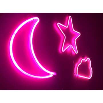 Pink Neon Signs Star Moon and Cloud Night Light Decorative LED Lamp Art Wall Decor for Girls Bedroom Birthday Party Powered by Battery/USB(Pink)