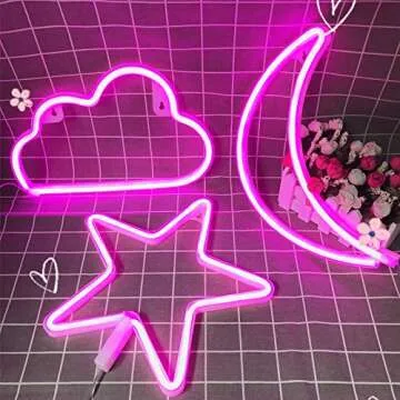Pink Neon Signs Star Moon and Cloud Night Light Decorative LED Lamp Art Wall Decor for Girls Bedroom Birthday Party Powered by Battery/USB(Pink)