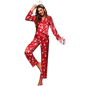 Ekouaer Satin Silk Pajama Set Luxurious Red Patterned