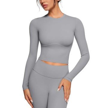 INGIA Womens Long Sleeve High Round Neck Crop Yoga Shirts Workout Slim Fit Casual Yoga Gym Tops Rhin...