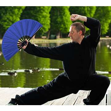 2 Pack Large Folding Hand Fan, Nylon-Cloth Vintage Retro Fabric Fans, Chinese Kung Fu Tai Chi Hand Fan for Men/Women, Festival, Dance, Gift, Performance, Decorations (Blue)