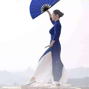 2 Pack Large Folding Hand Fan, Nylon-Cloth Vintage Retro Fabric Fans, Chinese Kung Fu Tai Chi Hand Fan for Men/Women, Festival, Dance, Gift, Performance, Decorations (Blue)