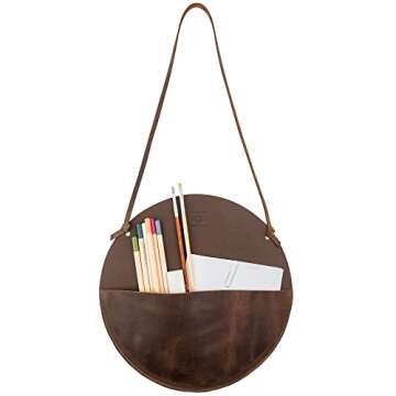 Leather At Home, Circular Wall File Organizer, Door Hanger for Documents, Letters, Invoices & Envelopes, Mail Storage, Full Grain Leather, Handmade, Bourbon Brown