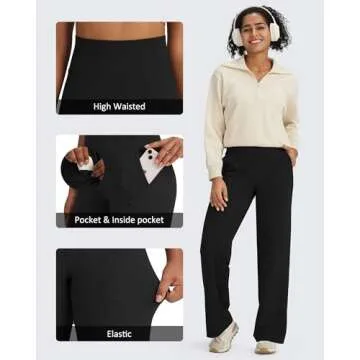 G4Free Wide Leg Pants Woman Yoga Pants with Pockets Loose Casual Stretch Sweatpants (Black,M,29")