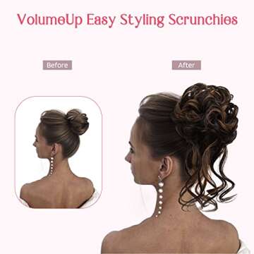 HOOJIH Messy Bun Hair Piece, 2PCS Tousled Updo with Tendrils Hair Bun Extensions Wavy Curly Hair Wra...