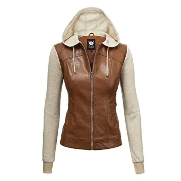 Lock and Love LL WJC1347 Women's Faux Leather Zip Up Moto Biker Jacket with Hoodie in Camel_Oatmeal