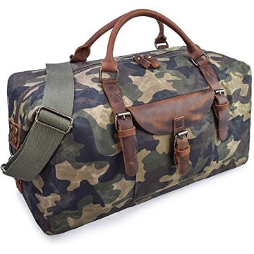 Oversized Travel Duffel Bag Waterproof Canvas Genuine Leather Weekend bag Weekender Overnight Carryo...
