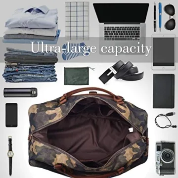 Oversized Travel Duffel Bag Waterproof Canvas Genuine Leather Weekend bag Weekender Overnight Carryon Hand Bag Camo