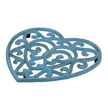 Stonebriar Country Rustic Heat Resistant Denim Blue Heart Shaped Cast Iron Trivet with Rubber Feet