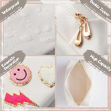 LieToi Preppy Patch Cosmetic Toiletry Bag, PU Leather Portable Waterproof Makeup Bag Smile Lightning Heart Organizer Compliant Bag Daily Travel Use Storage Purse for Women Girls (Large, White)