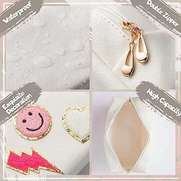 LieToi Preppy Patch Cosmetic Toiletry Bag, PU Leather Portable Waterproof Makeup Bag Smile Lightning Heart Organizer Compliant Bag Daily Travel Use Storage Purse for Women Girls (Large, White)