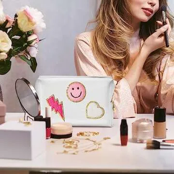 LieToi Preppy Patch Cosmetic Toiletry Bag, PU Leather Portable Waterproof Makeup Bag Smile Lightning Heart Organizer Compliant Bag Daily Travel Use Storage Purse for Women Girls (Large, White)