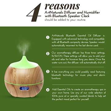 artnaturals Essential Oil Diffuser and Humidifier with Bluetooth Speaker Clock - (13.5 Fl Oz / 400ml Tank) - Electric Cool Mist Aromatherapy for Office, Home, Bedroom, Baby Room