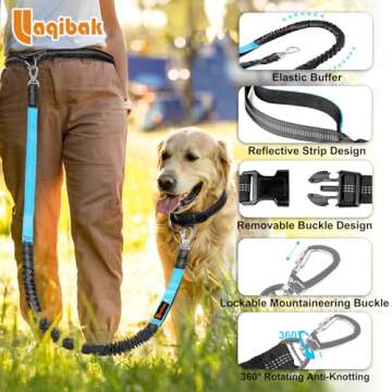 Laqibak Hands Free Dog Leash, Adjustable Waist Leash for Dog, Handle Bungee Dog Leash 4.2-6.7 Feet Long with Reflective Stitches for Walking Hiking Running, Fits 26"- 47" Waist, Black & Blue
