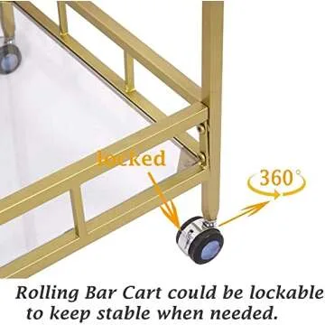 NutsHouses Gold Glass Rolling Bar Serving Cart Home on Lockable Wheels, Wine Drink Liquor Cart Stand for Home Kitchen Storage Club Party, New Year, 30" L*17" W*31" H